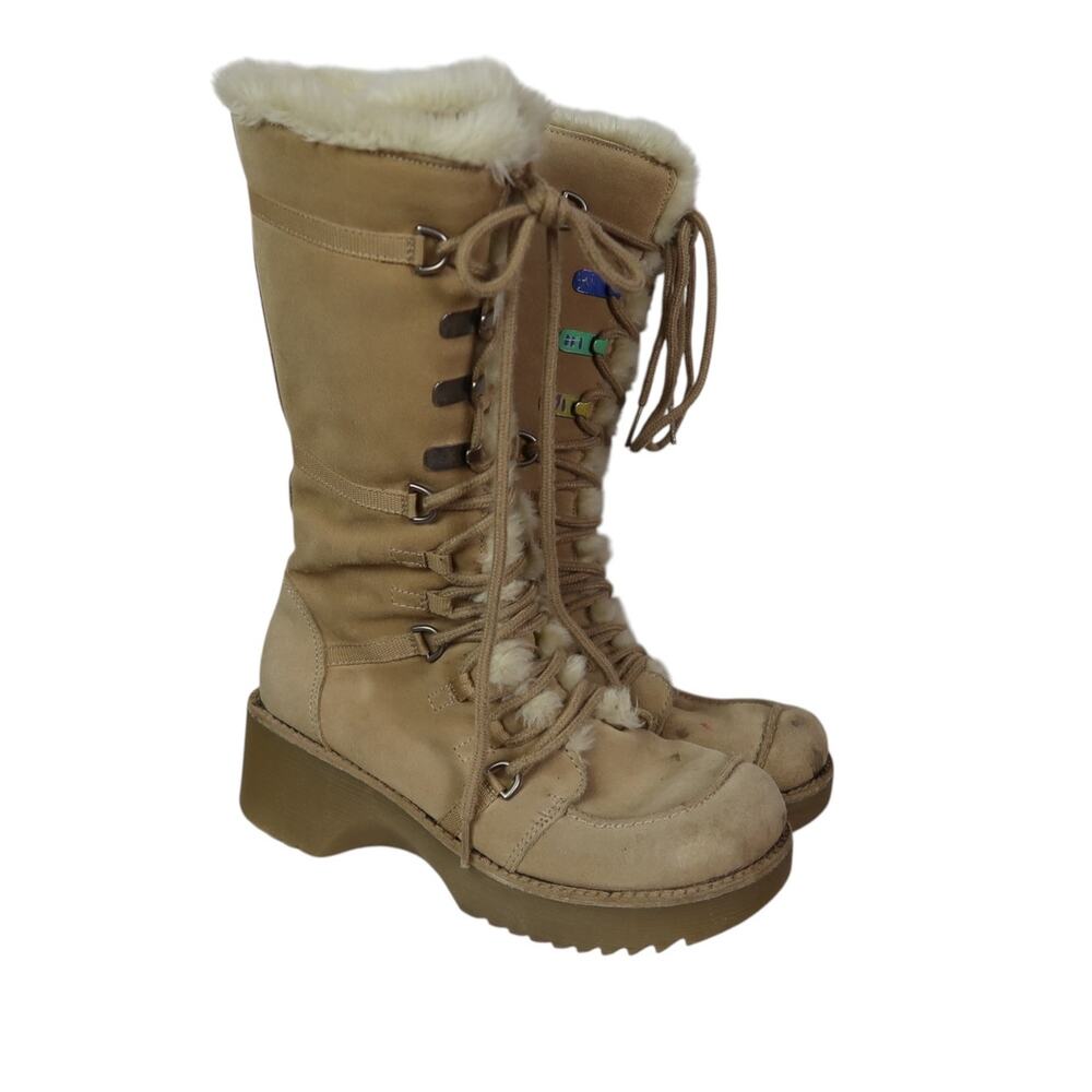 Vintage Y2K Report Tan Suede Lace-Up Mid Calf Platform Wedge Boots 7.5